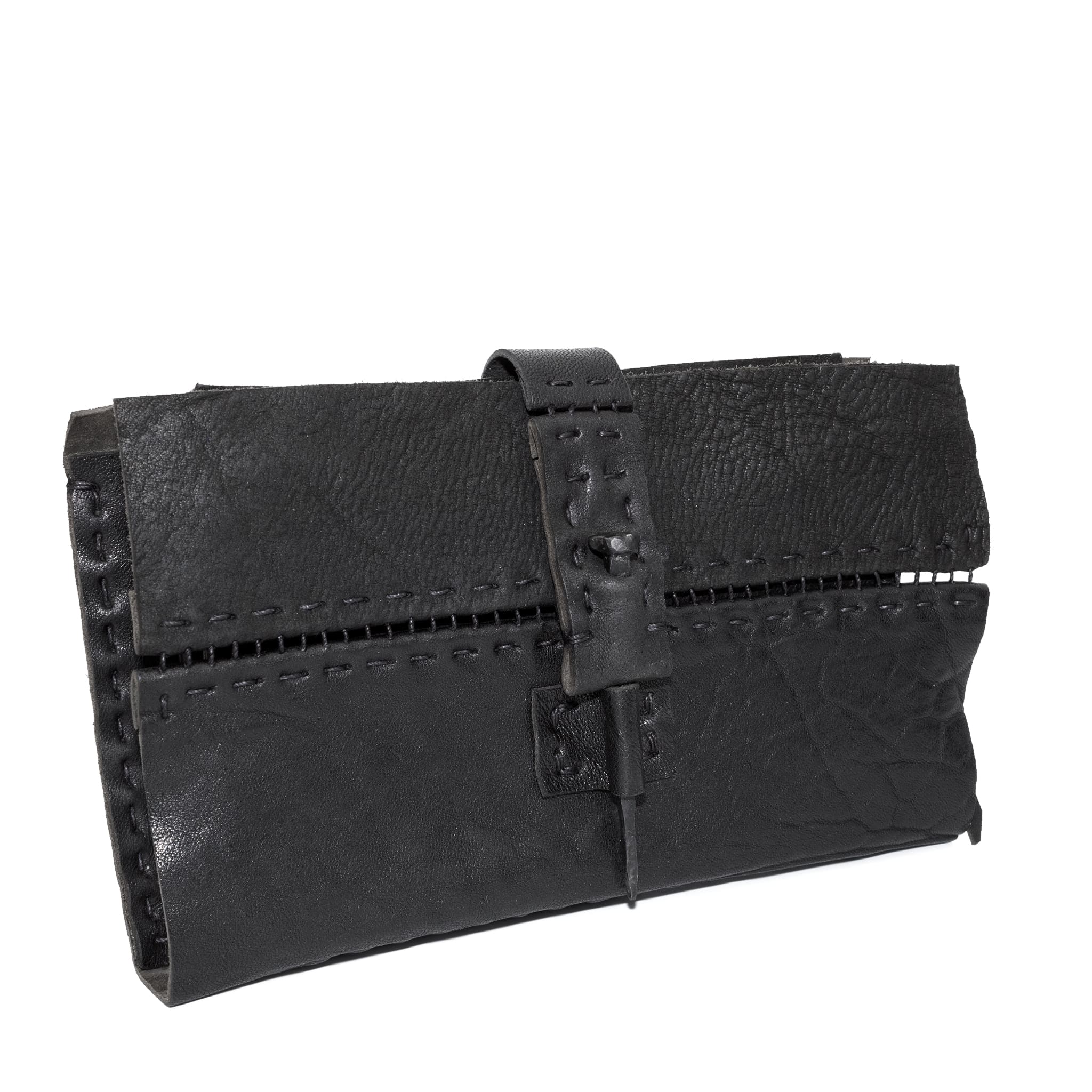 hand stitched matte black horse culatta leather long wallet with a technical open seam construction, multiple card slots and a large note pocket. the wallet is adorned with hand forged iron and .925 sterling silver hardware. available to buy online from artisanal leather studio atelier skn.