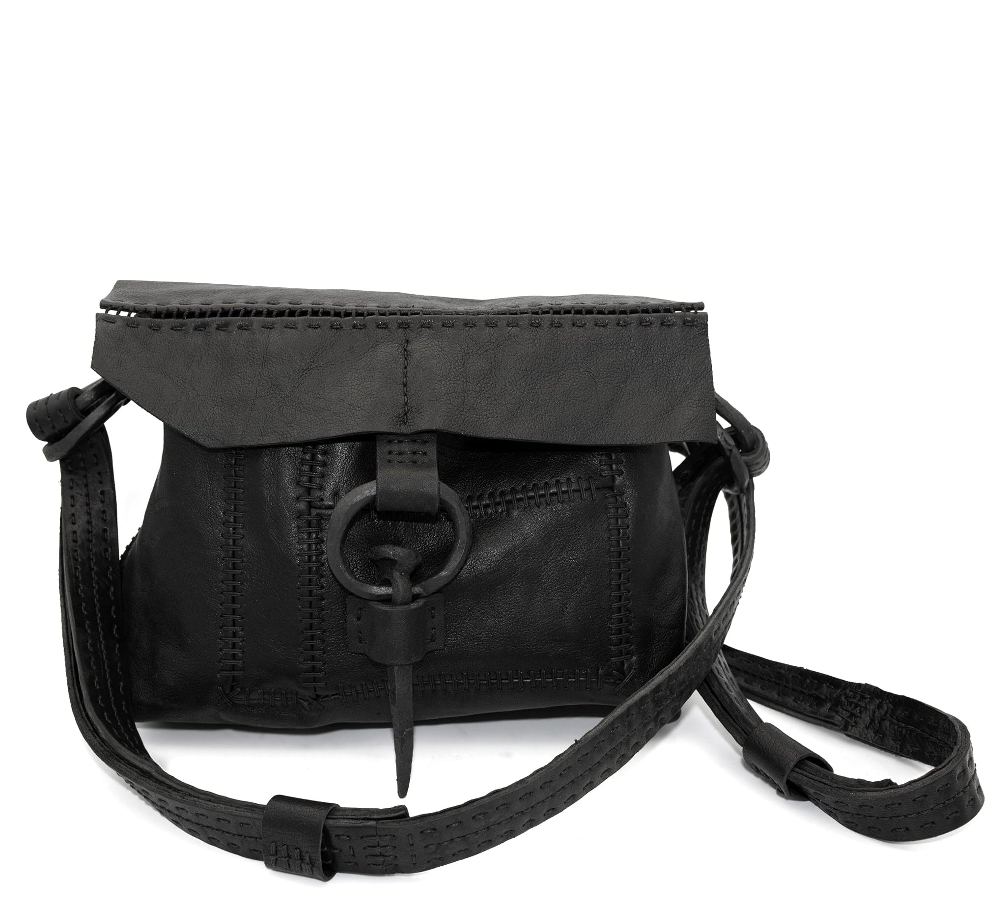 kangaroo leather patch work shoulder bag with an adjustable shoulder strap and hand forged iron hardware entirely hand sewn without the machines and available online at atelierskn.com