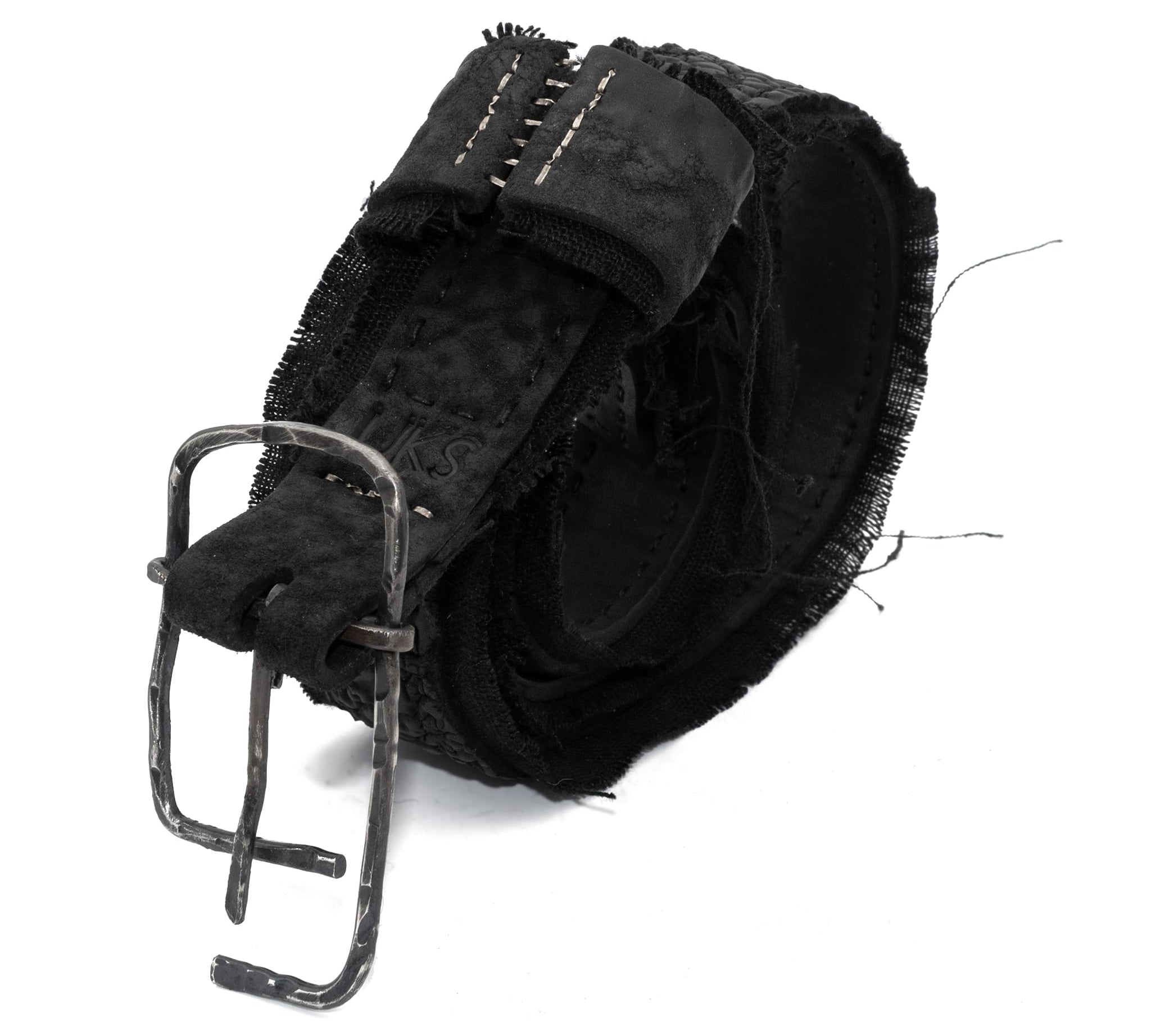 triple layered object dyed matte black full grain reverse horse culatta leather belt with a hand forged oxidised .925 sterling silver buckle and solid silver stitch details, expertly hand sewn by independent UK based artisanal designer atelier SKN.