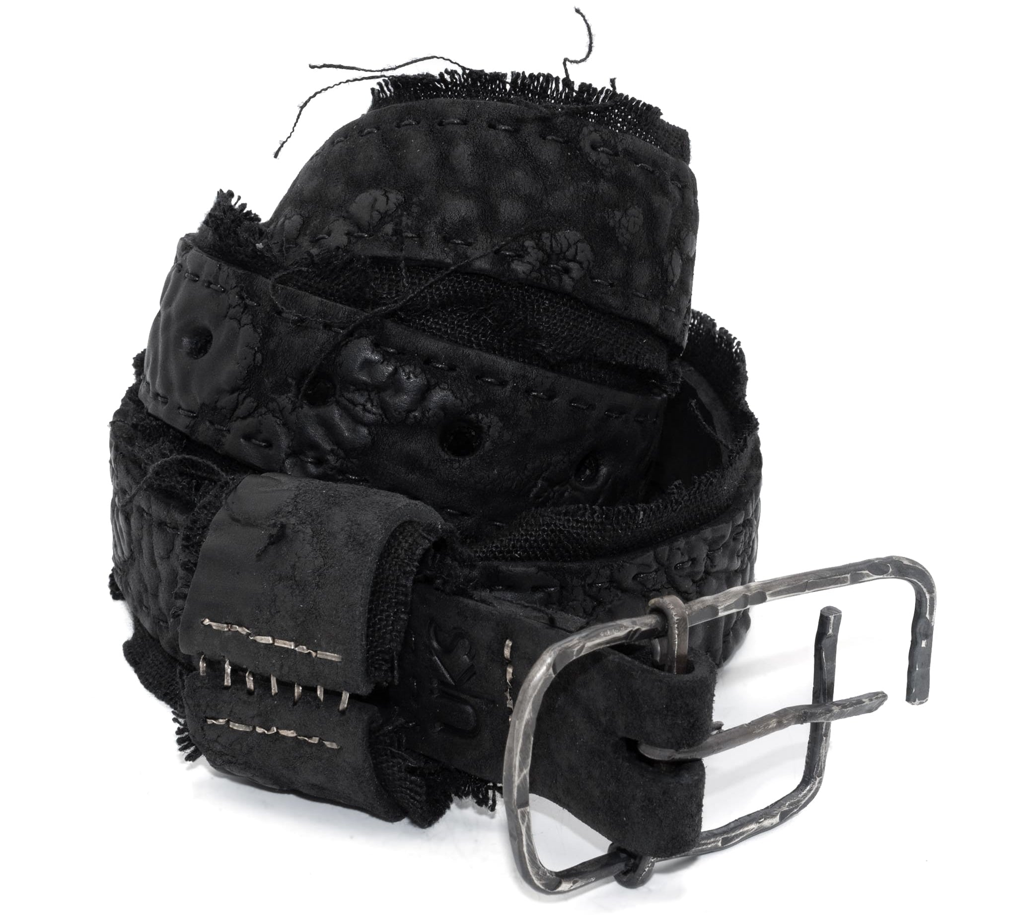 triple layered object dyed matte black full grain reverse horse culatta leather belt with a hand forged oxidised .925 sterling silver buckle and solid silver stitch details, expertly hand sewn by independent UK based artisanal designer atelier SKN.