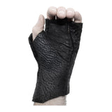 hand stitched over a 35hr period the washed reverse culatta gloves feature an open seam panel construction, a distressed black dye treatment and japanese linen thread for the stitching. the gloves are wet moulded on the body and available to buy online from avant garde leather studio atelierskn.com 