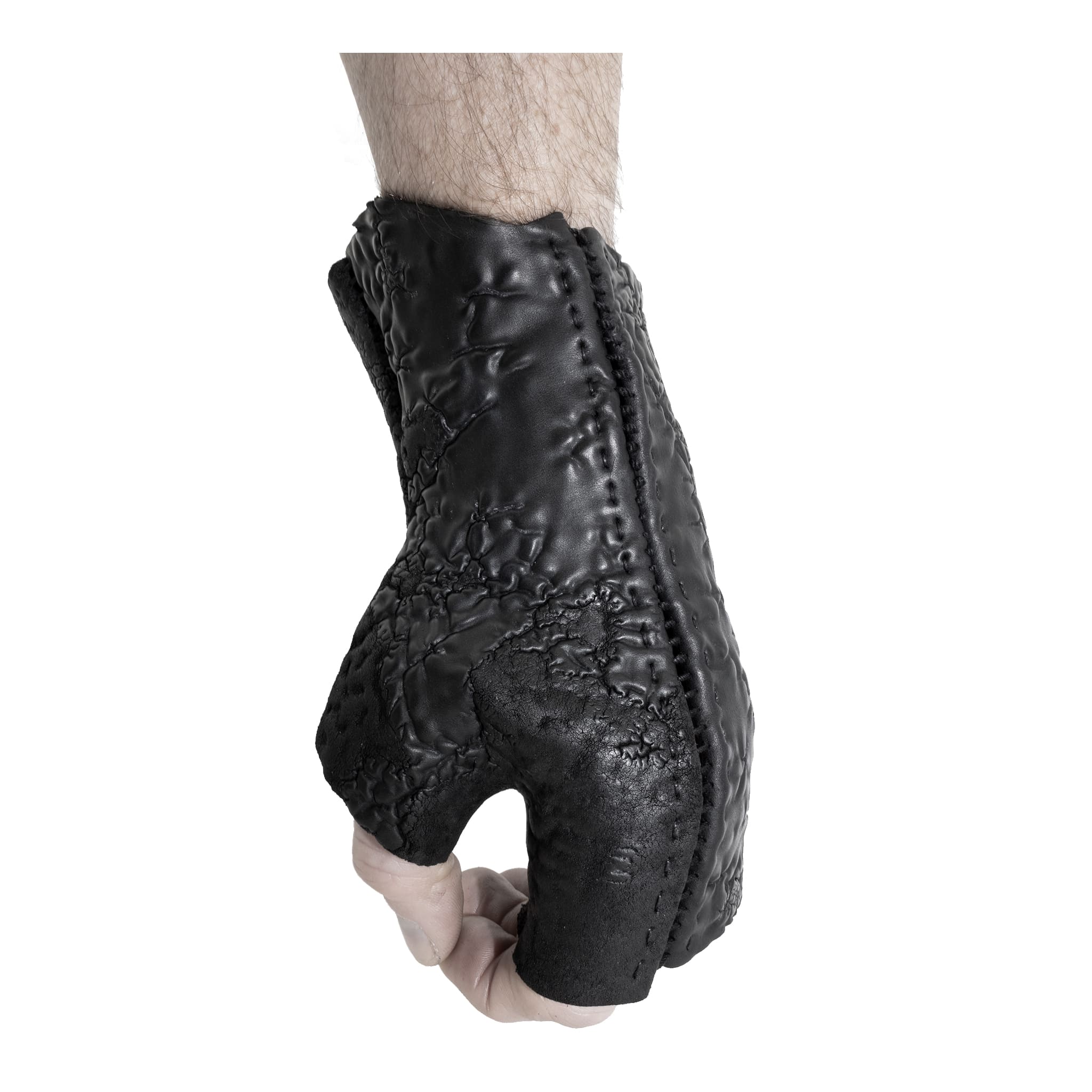 hand stitched over a 35hr period the washed reverse culatta gloves feature an open seam panel construction, a distressed black dye treatment and japanese linen thread for the stitching. the gloves are wet moulded on the body and available to buy online from avant garde leather studio atelierskn.com 