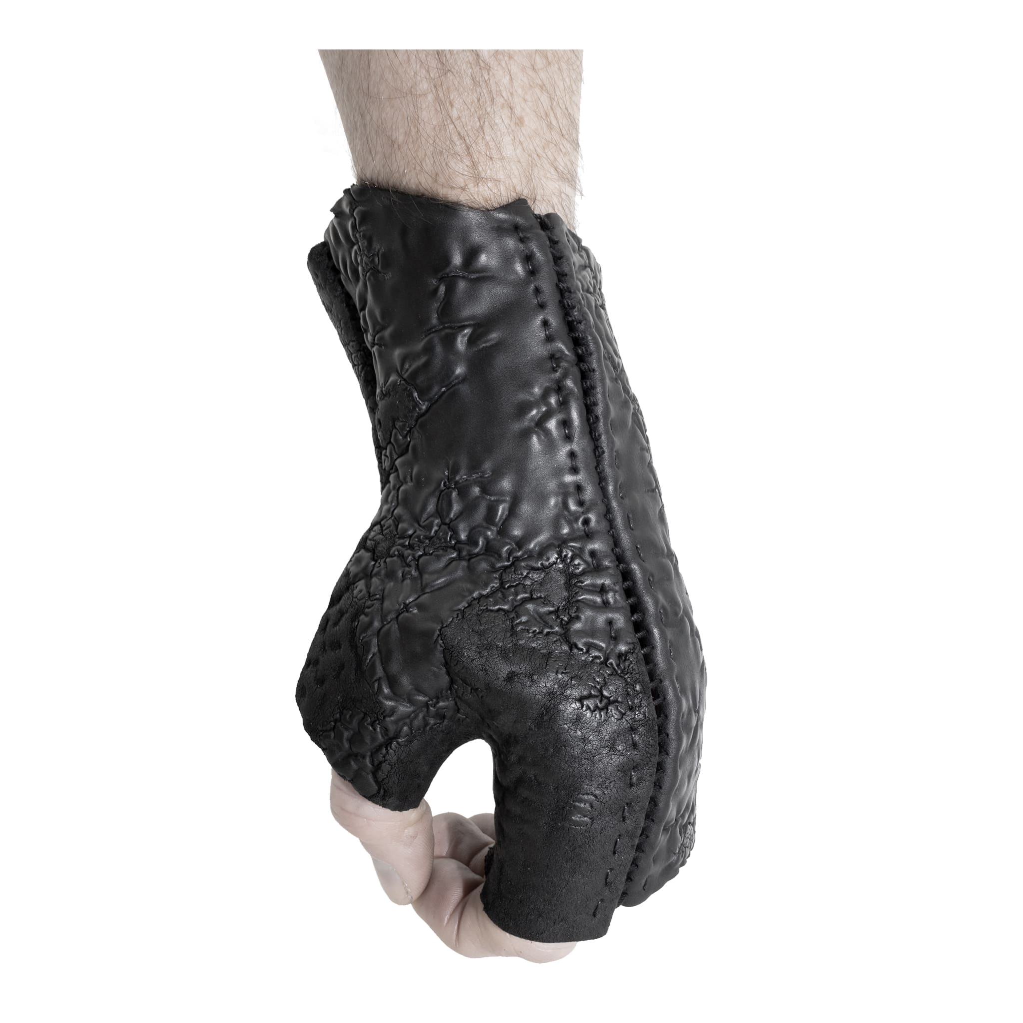 hand stitched over a 35hr period the washed reverse culatta gloves feature an open seam panel construction, a distressed black dye treatment and japanese linen thread for the stitching. the gloves are wet moulded on the body and available to buy online from avant garde leather studio atelierskn.com 