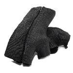 hand stitched over a 35hr period the washed reverse culatta gloves feature an open seam panel construction, a distressed black dye treatment and japanese linen thread for the stitching. the gloves are wet moulded on the body and available to buy online from avant garde leather studio atelierskn.com 