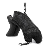 hand stitched over a 35hr period the washed reverse culatta gloves feature an open seam panel construction, a distressed black dye treatment and japanese linen thread for the stitching. the gloves are wet moulded on the body and available to buy online from avant garde leather studio atelierskn.com 