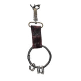 the hand sewn reverse culatta leather prison keys feature a blood red dye treatment and a distressed and corroded swivel clip. a large hand forged black iron ring holds the triple oxidised .925 silver key rings.