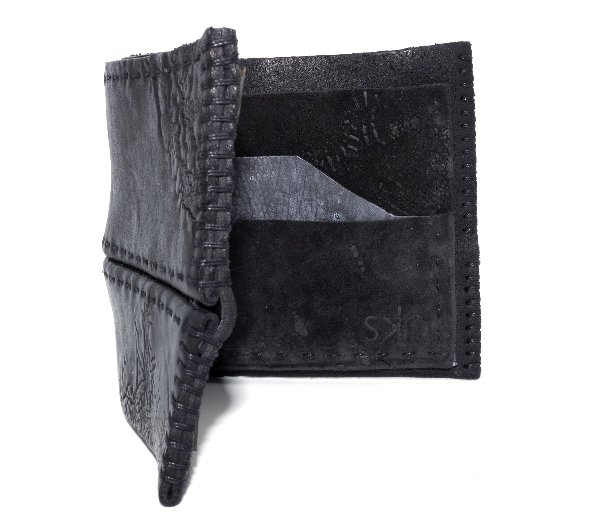 object dyed reverse horse culatta leather hand stitched closed seam wallet with a silver zipper coin pocket available to buy online from atelierskn.com