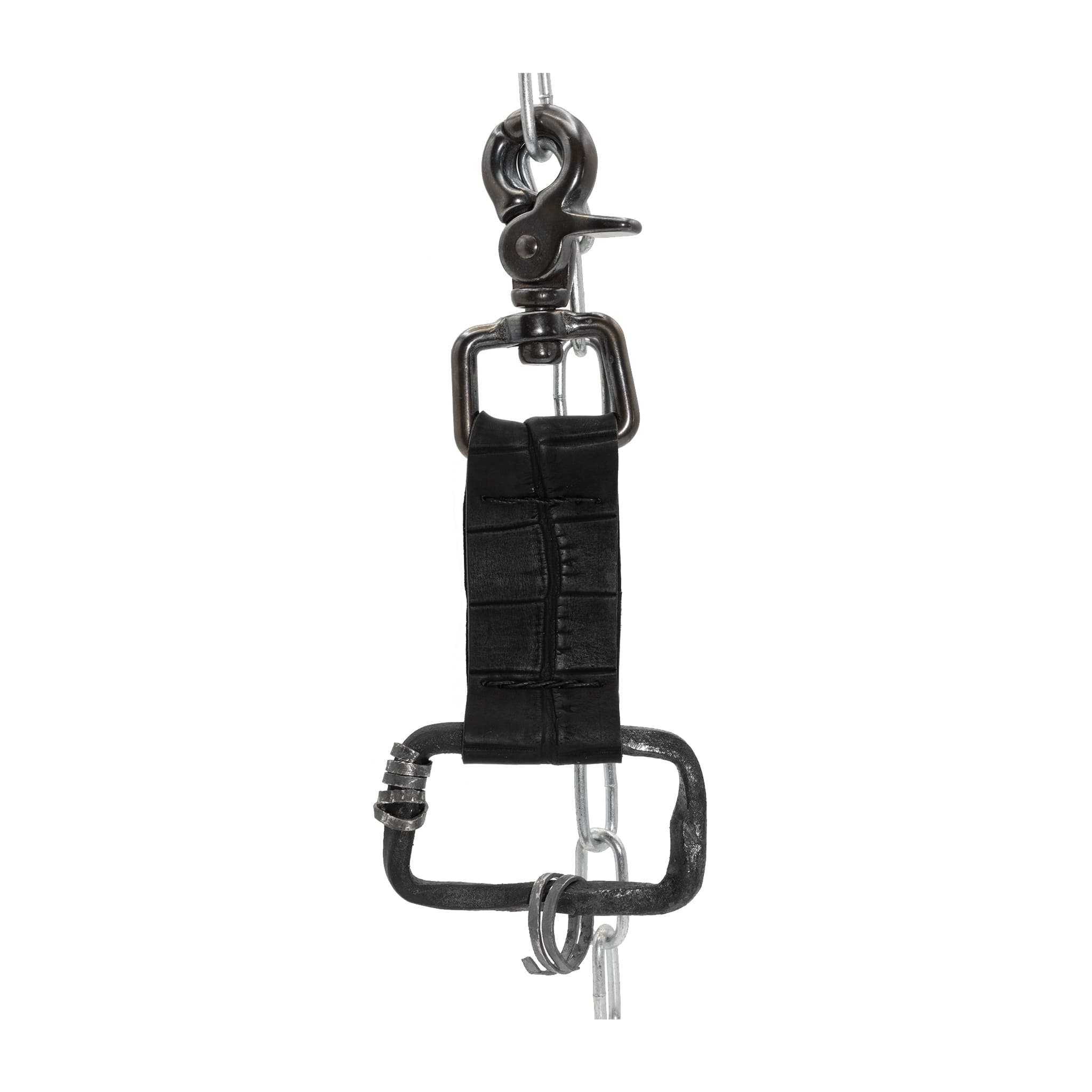 the hand sewn crocodile leather keychain features a flat matte black dye treatment and a distressed lobster swivel clip. a hand forged black iron ring holds the oxidised .925 silver key ring. Buy online from avant garde leather studio atelier skn.