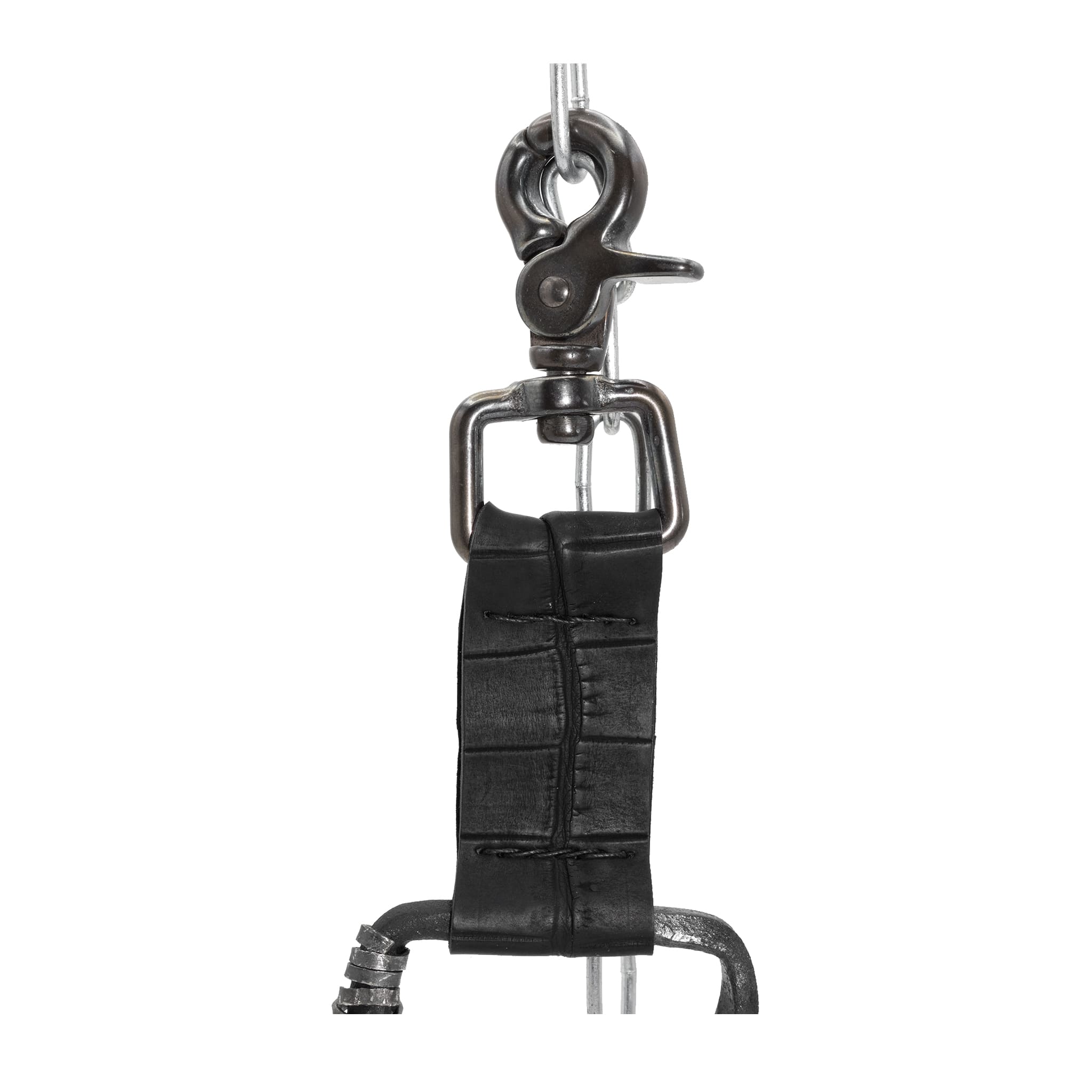 the hand sewn crocodile leather keychain features a flat matte black dye treatment and a distressed lobster swivel clip. a hand forged black iron ring holds the oxidised .925 silver key ring. Buy online from avant garde leather studio atelier skn.