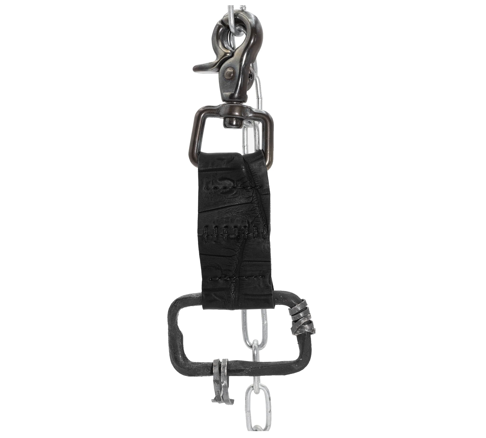 the hand sewn crocodile leather keychain features a flat matte black dye treatment and a distressed lobster swivel clip. a hand forged black iron ring holds the oxidised .925 silver key ring. Buy online from avant garde leather studio atelier skn.