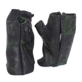 hand stitched over a 35hr period the washed horse culatta leather gloves feature deconstructed open seam panels, and a multiple layer absinthe dye treatment. the gloves are available to buy online from avant garde leather studio atelierskn.com