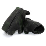 hand stitched over a 35hr period the washed horse culatta leather gloves feature deconstructed open seam panels, and a multiple layer absinthe dye treatment. the gloves are available to buy online from avant garde leather studio atelierskn.com