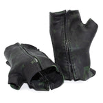 hand stitched over a 35hr period the washed horse culatta leather gloves feature deconstructed open seam panels, and a multiple layer absinthe dye treatment. the gloves are available to buy online from avant garde leather studio atelierskn.com