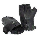 hand stitched over a 35hr period the washed horse culatta leather gloves feature deconstructed open seam panels, and a multiple layer absinthe dye treatment. the gloves are available to buy online from avant garde leather studio atelierskn.com