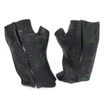 hand stitched over a 35hr period the washed horse culatta leather gloves feature deconstructed open seam panels, and a multiple layer absinthe dye treatment. the gloves are available to buy online from avant garde leather studio atelierskn.com