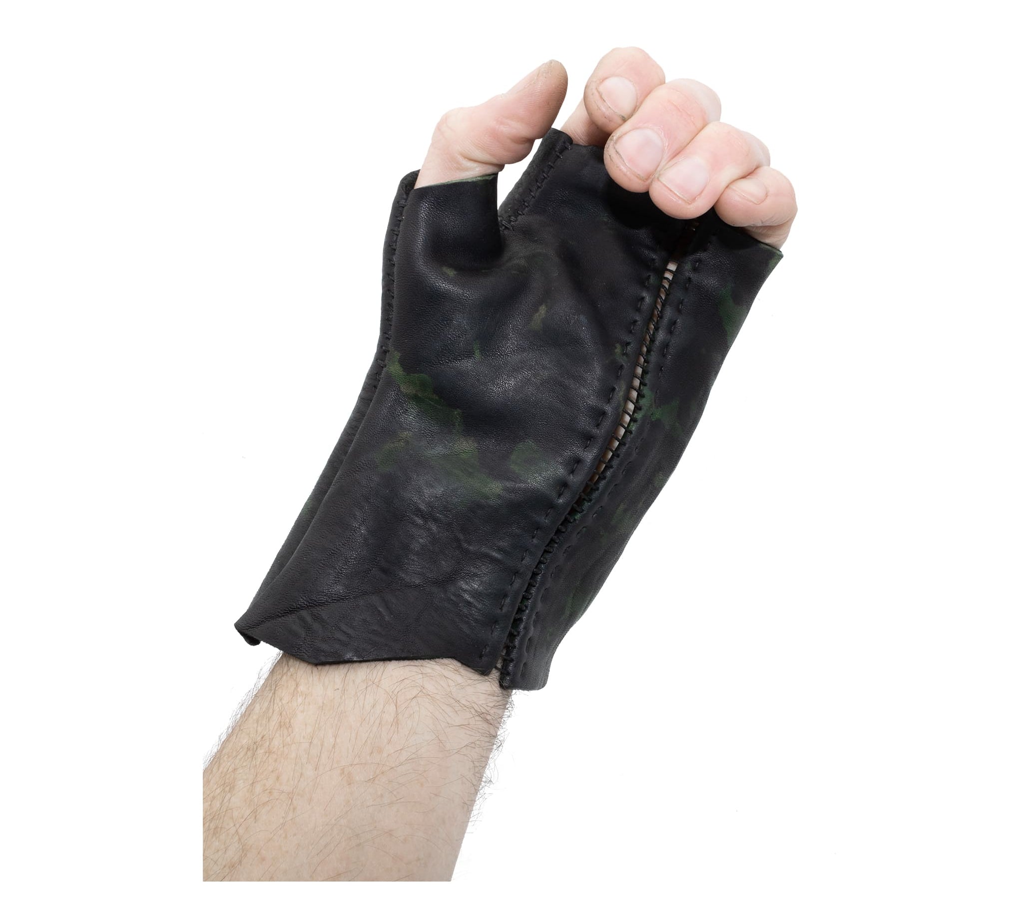 hand stitched over a 35hr period the washed horse culatta leather gloves feature deconstructed open seam panels, and a multiple layer absinthe dye treatment. the gloves are available to buy online from avant garde leather studio atelierskn.com