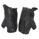 hand stitched over a 35hr period the washed horse culatta leather gloves feature deconstructed open seam panels, and a multiple layer absinthe dye treatment. the gloves are available to buy online from avant garde leather studio atelierskn.com