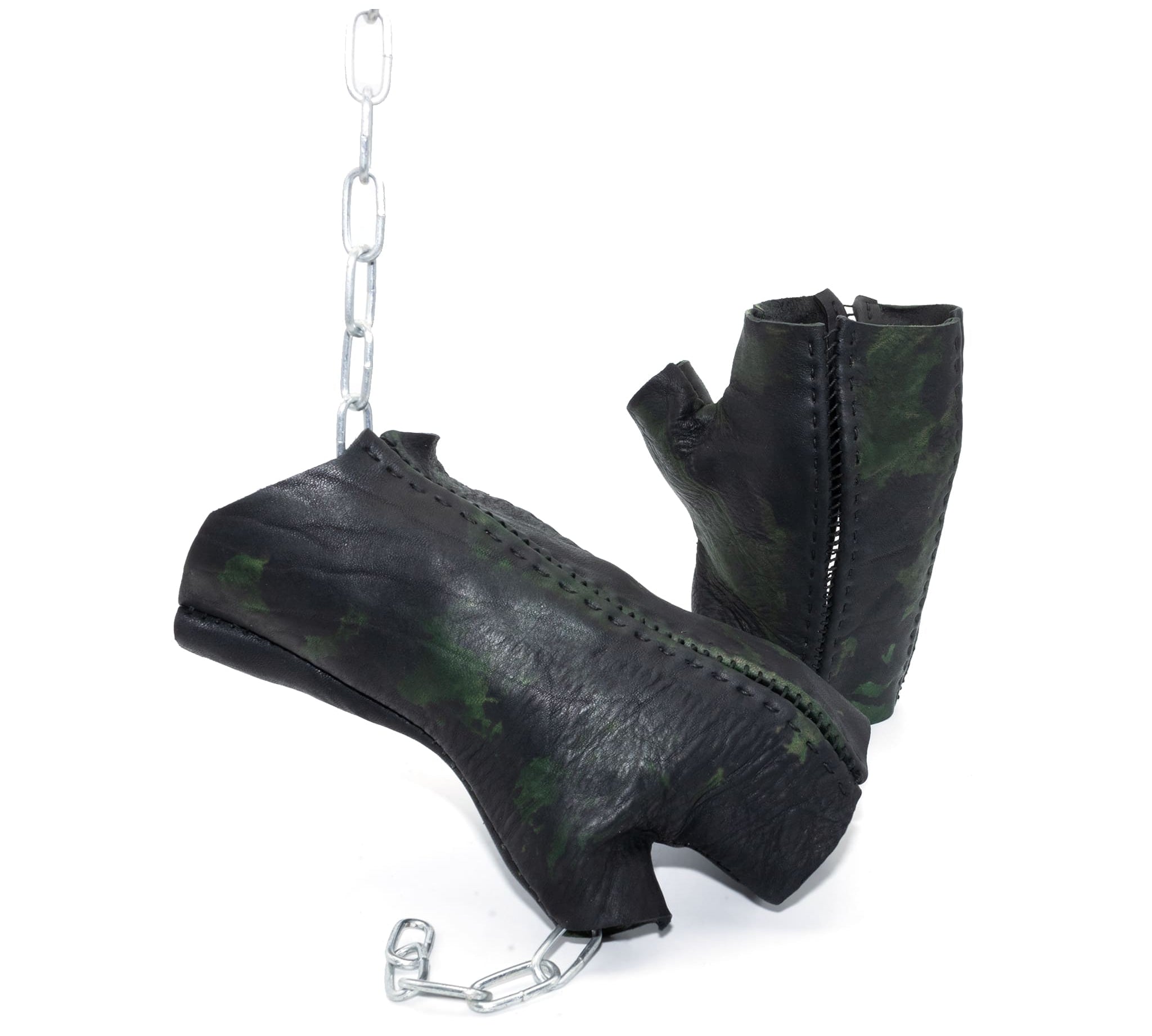 hand stitched over a 35hr period the washed horse culatta leather gloves feature deconstructed open seam panels, and a multiple layer absinthe dye treatment. the gloves are available to buy online from avant garde leather studio atelierskn.com