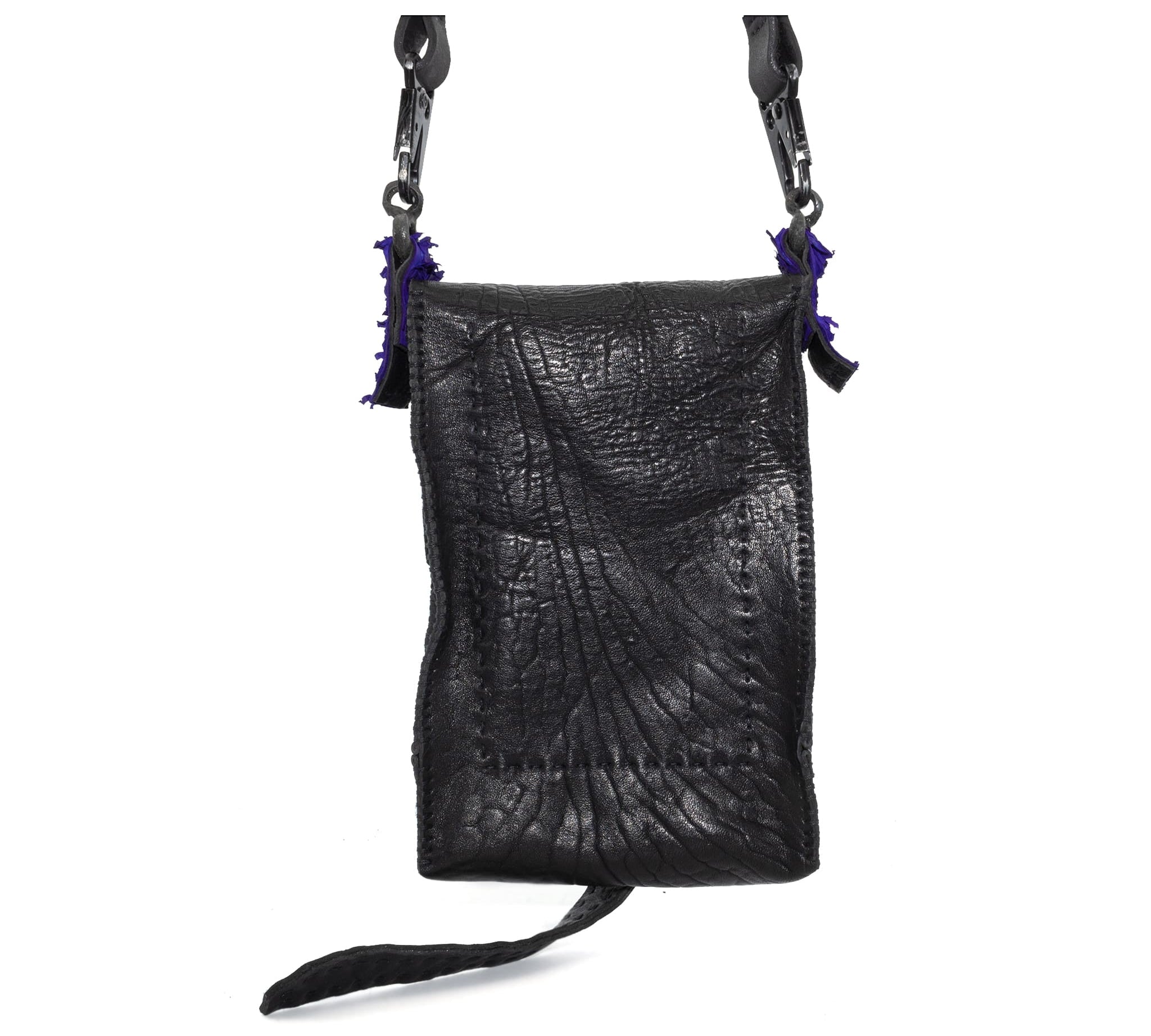 black washed culatta  and object dyed fish leather crossbody bag, with hand forged iron hardware available to buy online from avant garde leather studio atelierskn.com. an independent designer offering a fastidious collection of artisanal leather bags and accessories.