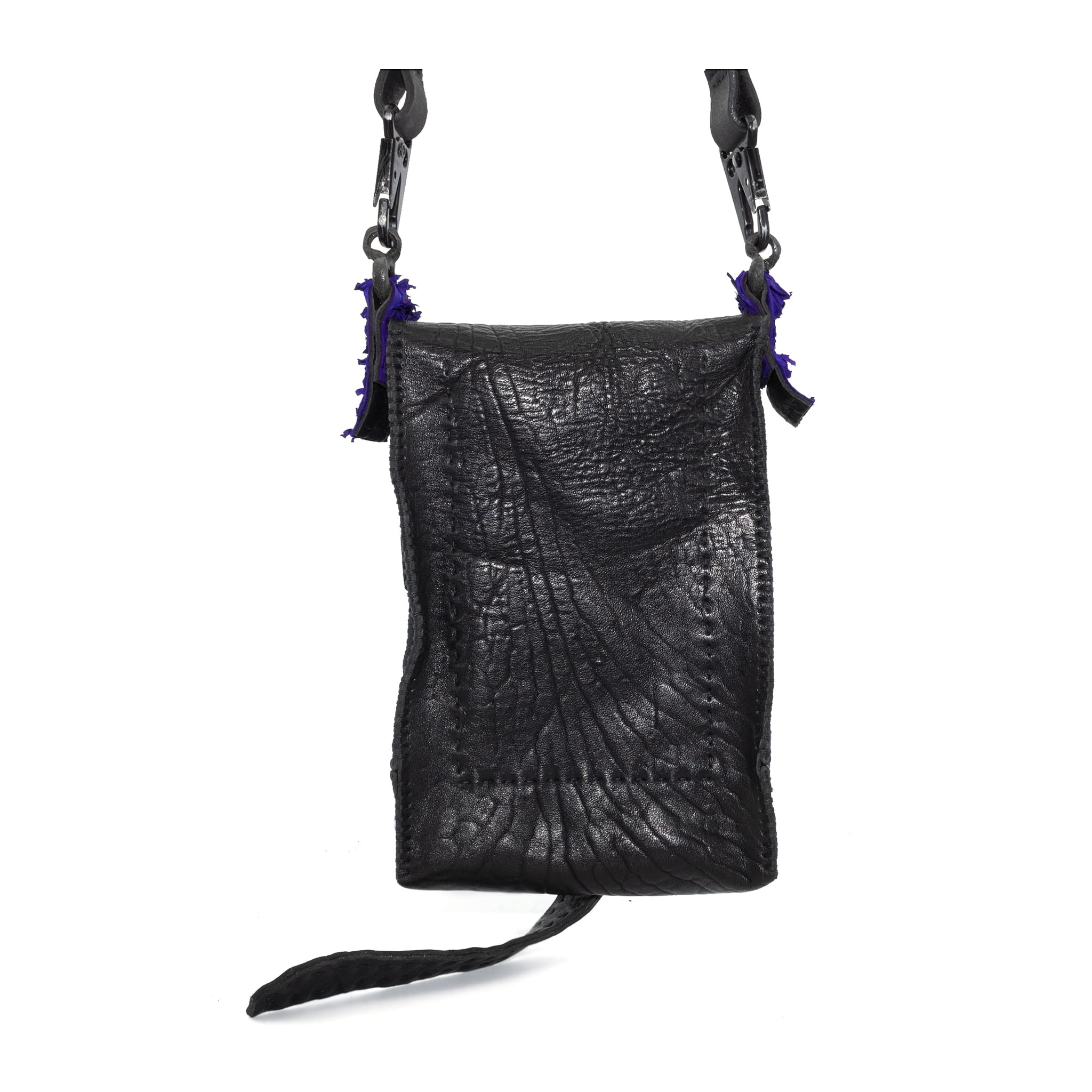 black washed culatta  and object dyed fish leather crossbody bag, with hand forged iron hardware available to buy online from avant garde leather studio atelierskn.com. an independent designer offering a fastidious collection of artisanal leather bags and accessories.