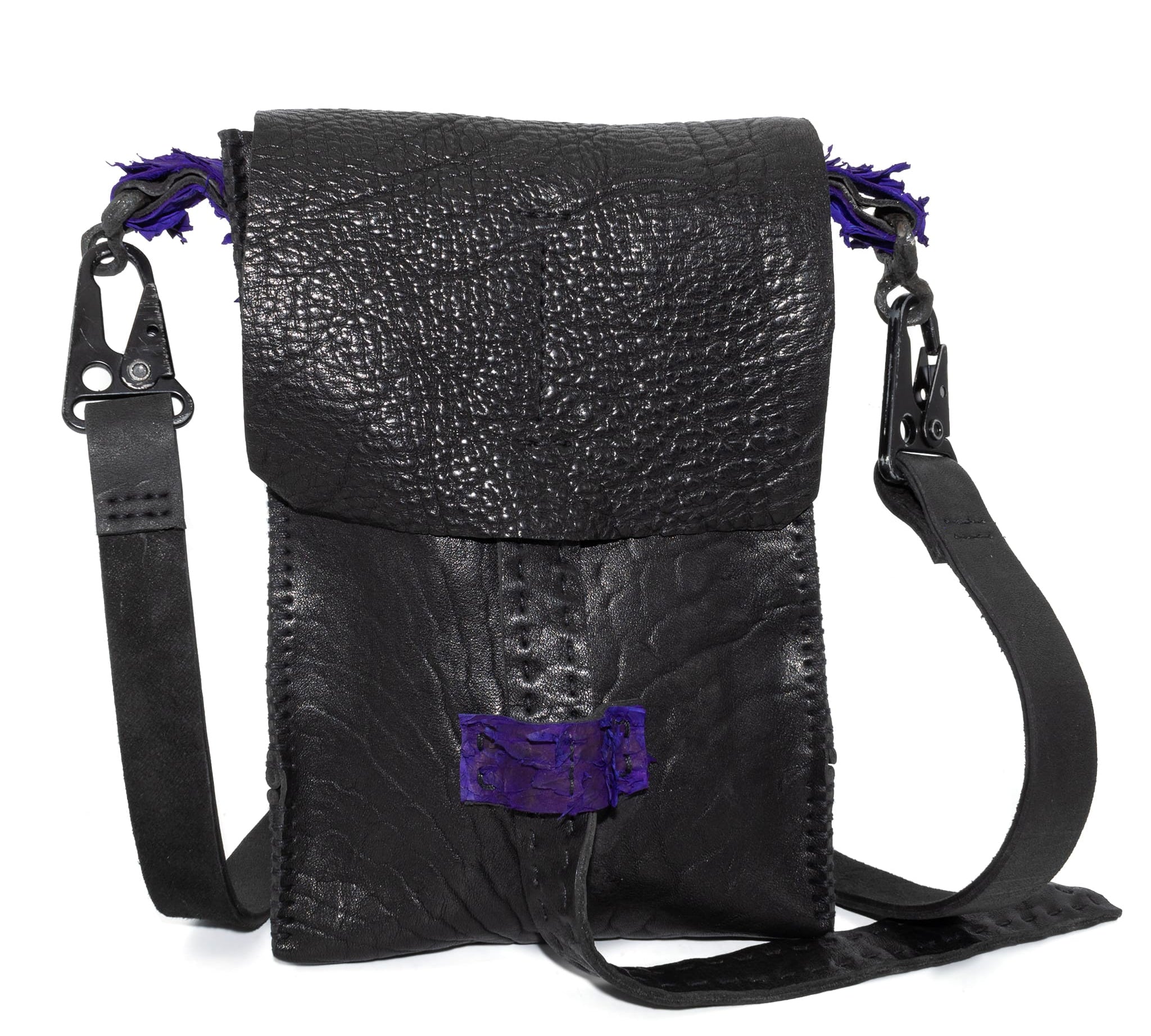 black washed culatta  and object dyed fish leather crossbody bag, with hand forged iron hardware available to buy online from avant garde leather studio atelierskn.com. an independent designer offering a fastidious collection of artisanal leather bags and accessories.