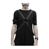 avant garde hand stitched horse culatta leather body harness, with an iron dye finish. the harness features a minimal silhouette with tonal japanese linen stitching and hand forged iron ring hardware. the leather harness is available to buy online from artisanal designer atelierskn.com 