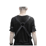 avant garde hand stitched horse culatta leather body harness, with an iron dye finish. the harness features a minimal silhouette with tonal japanese linen stitching and hand forged iron ring hardware. the leather harness is available to buy online from artisanal designer atelierskn.com 

