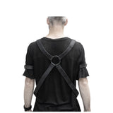 avant garde hand stitched horse culatta leather body harness, with an iron dye finish. the harness features a minimal silhouette with tonal japanese linen stitching and hand forged iron ring hardware. the leather harness is available to buy online from artisanal designer atelierskn.com 

