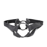 avant garde hand stitched horse culatta leather body harness, with an iron dye finish. the harness features a minimal silhouette with tonal japanese linen stitching and hand forged iron ring hardware. the leather harness is available to buy online from artisanal designer atelierskn.com 