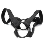 avant garde hand stitched horse culatta leather body harness, with an iron dye finish. the harness features a minimal silhouette with tonal japanese linen stitching and hand forged iron ring hardware. the leather harness is available to buy online from artisanal designer atelierskn.com 