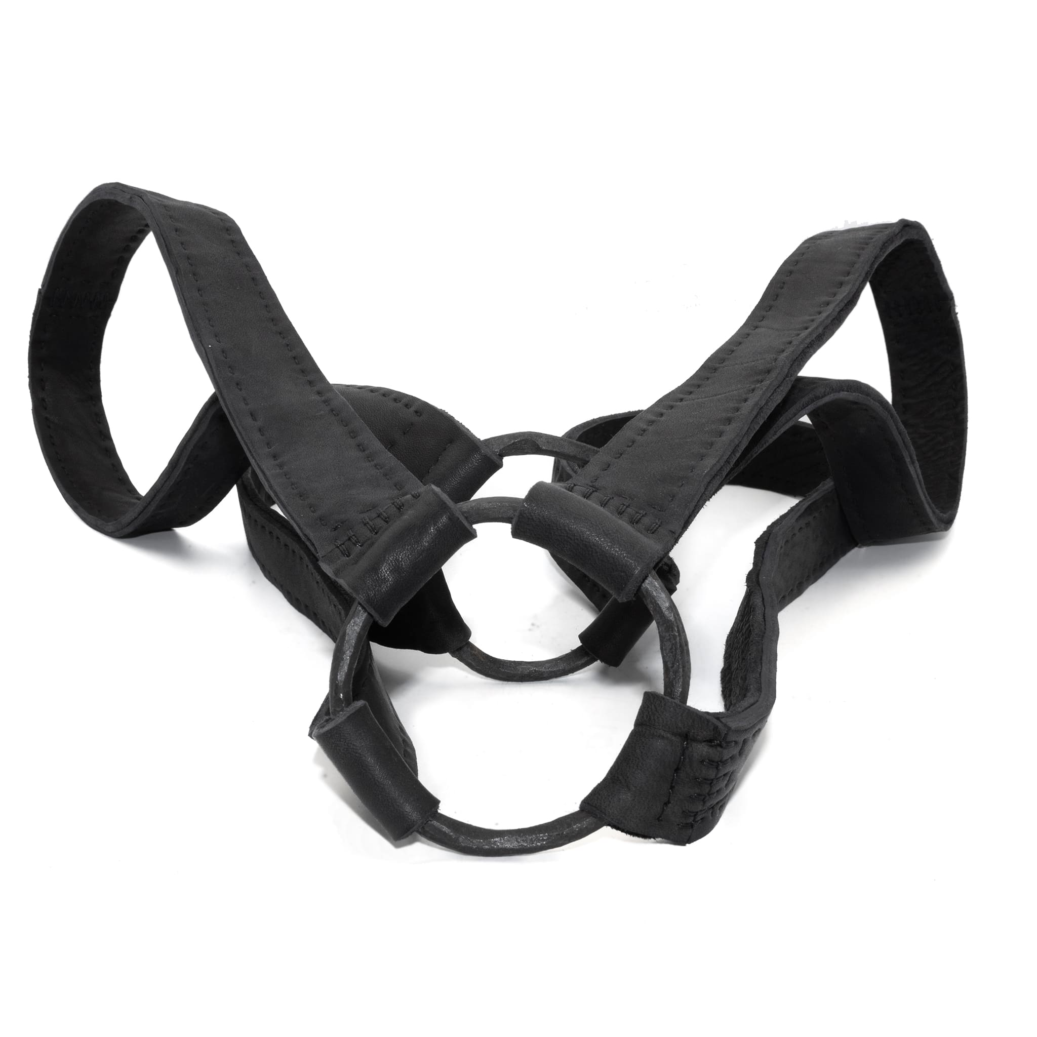 avant garde hand stitched horse culatta leather body harness, with an iron dye finish. the harness features a minimal silhouette with tonal japanese linen stitching and hand forged iron ring hardware. the leather harness is available to buy online from artisanal designer atelierskn.com 