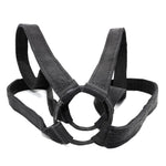 avant garde hand stitched horse culatta leather body harness, with an iron dye finish. the harness features a minimal silhouette with tonal japanese linen stitching and hand forged iron ring hardware. the leather harness is available to buy online from artisanal designer atelierskn.com 