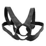avant garde hand stitched horse culatta leather body harness, with an iron dye finish. the harness features a minimal silhouette with tonal japanese linen stitching and hand forged iron ring hardware. the leather harness is available to buy online from artisanal designer atelierskn.com 