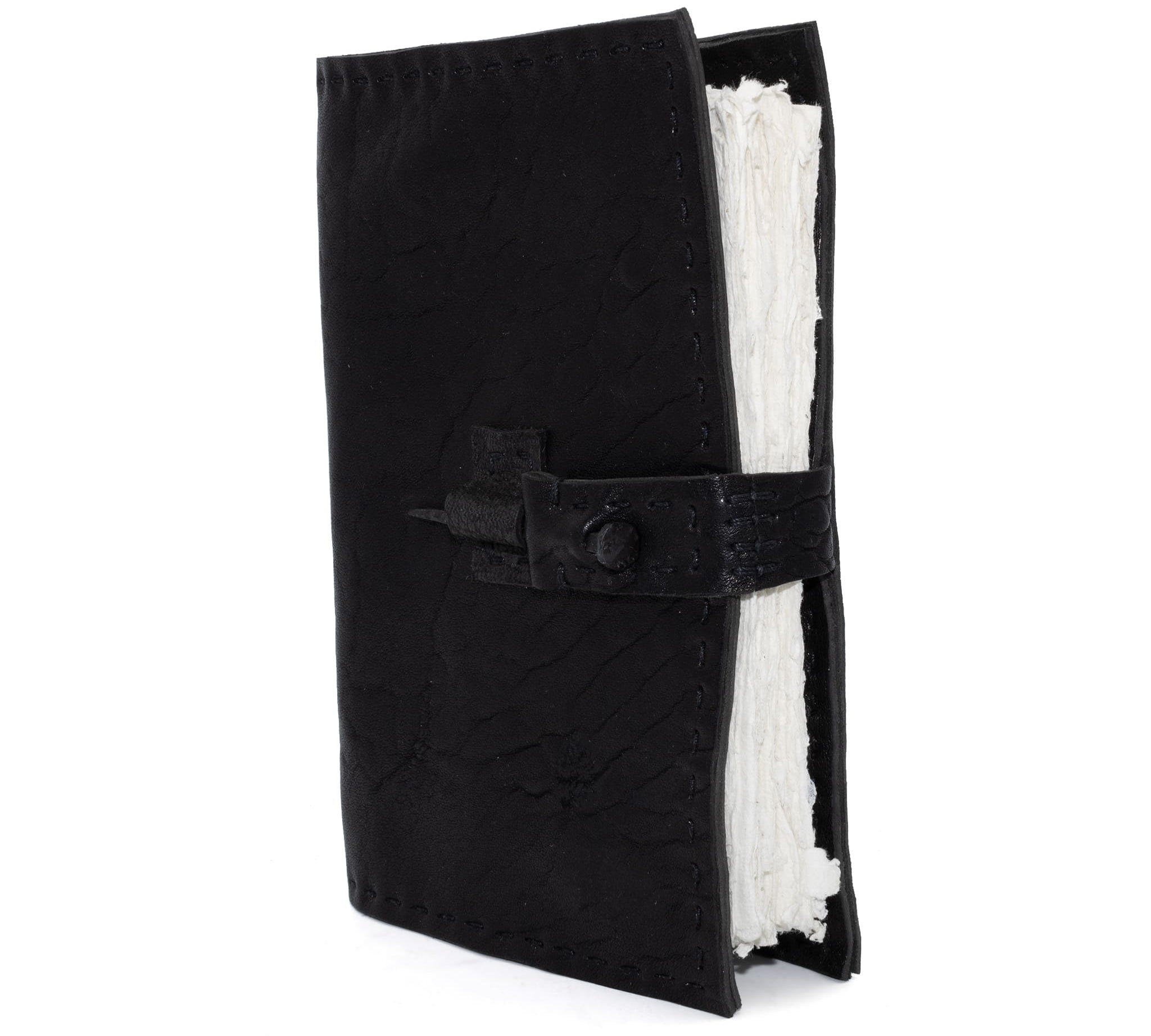 Hand stitched matte black horse culatta leather journal with a hand forged coffin nail closure and 80 pages of 150gsm handmade cotton rag paper available to buy online from artisanal uk based leather studio atelier skn.