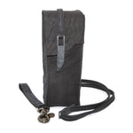 iron dyed horse leather phone pouch with an adjustable shoulder strap and small carry handle. distressed iron hardware compliments the grain of the leather. Shop online from avant garde leather studio atelierskn.com.