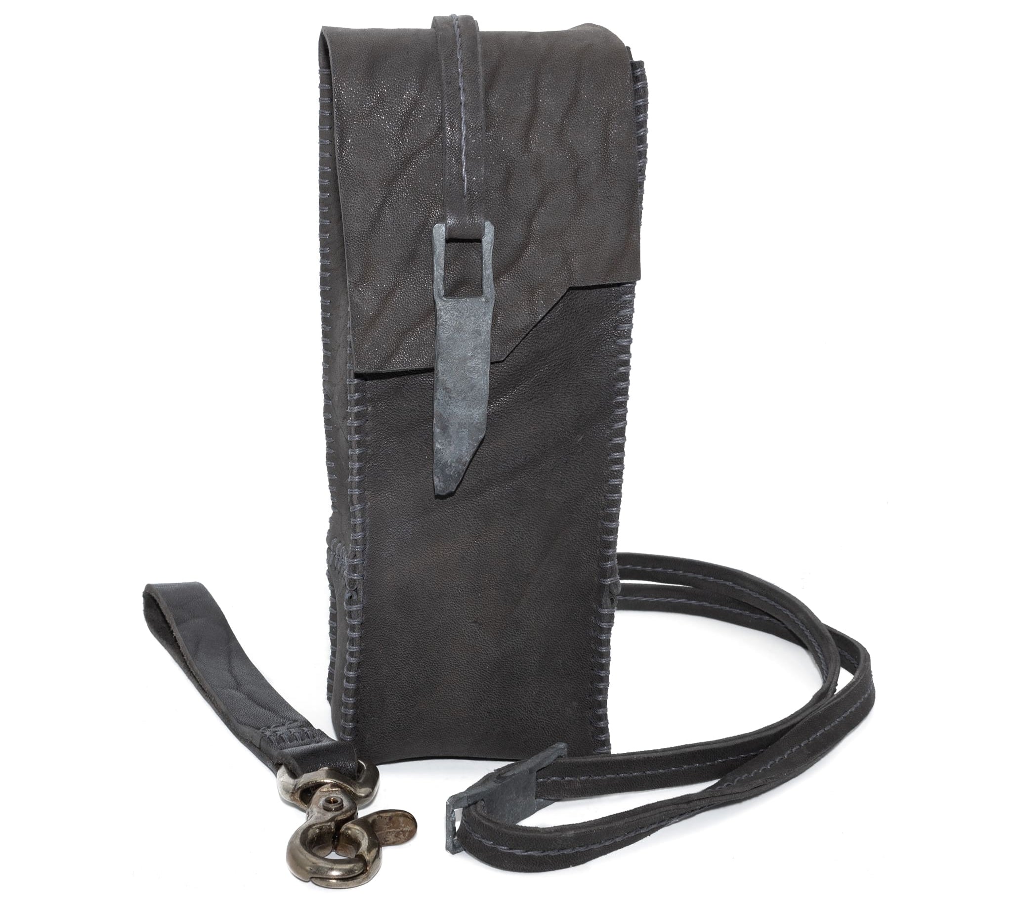 iron dyed horse leather phone pouch with an adjustable shoulder strap and small carry handle. distressed iron hardware compliments the grain of the leather. Shop online from avant garde leather studio atelierskn.com.