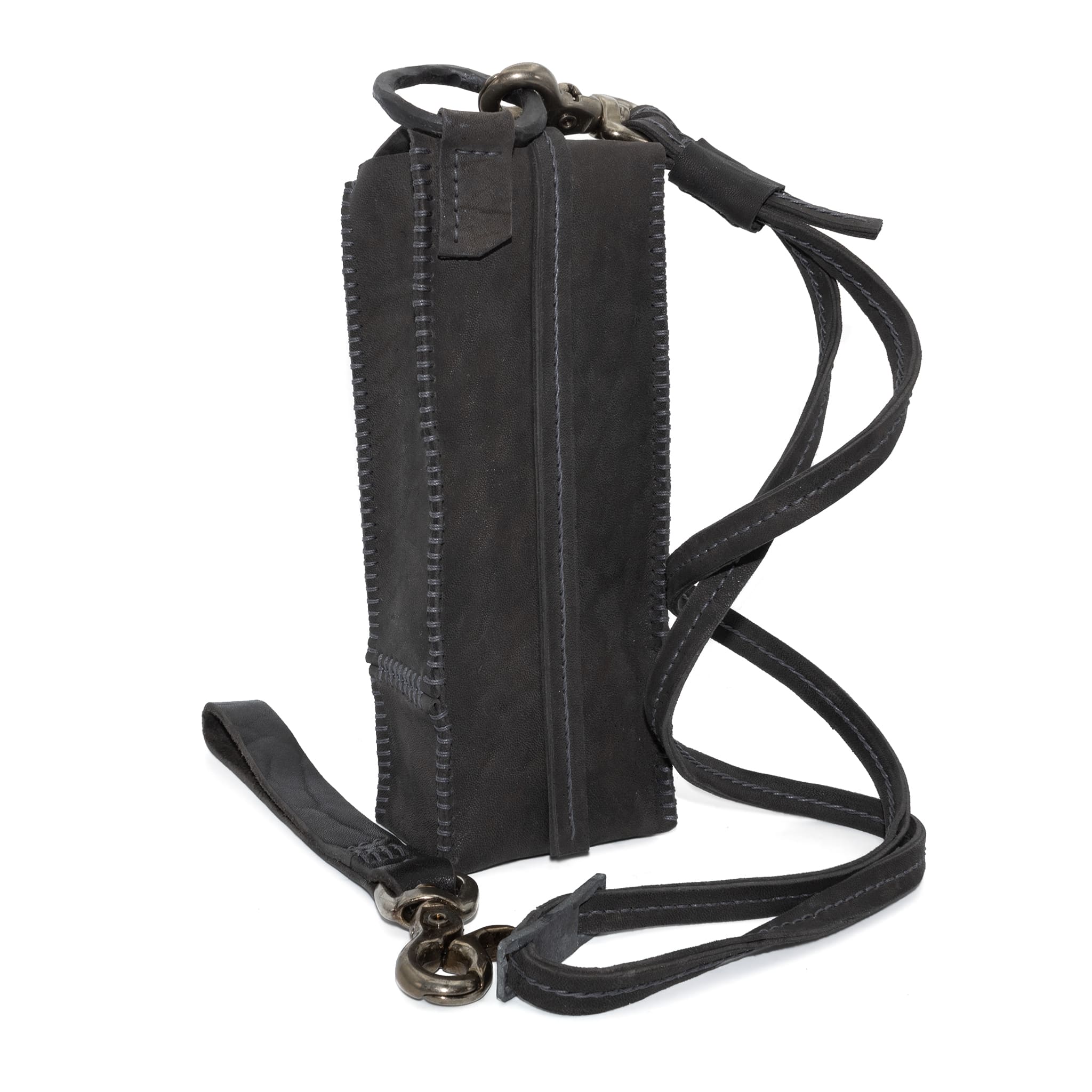 iron dyed horse leather phone pouch with an adjustable shoulder strap and small carry handle. distressed iron hardware compliments the grain of the leather. Shop online from avant garde leather studio atelierskn.com.