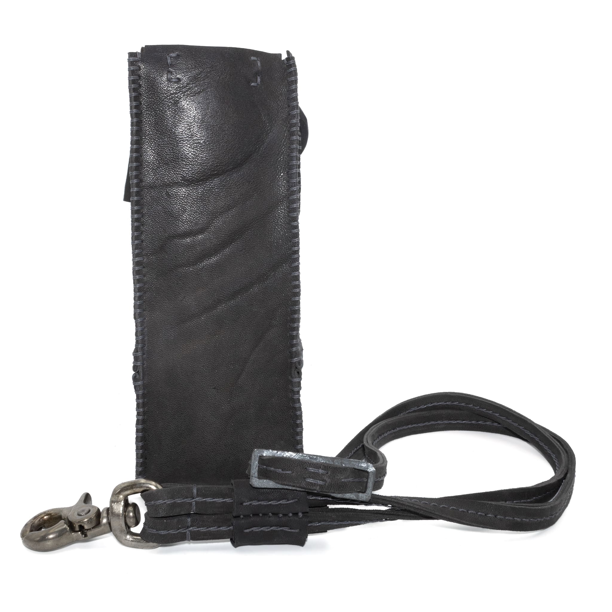 iron dyed horse leather phone pouch with an adjustable shoulder strap and small carry handle. distressed iron hardware compliments the grain of the leather. Shop online from avant garde leather studio atelierskn.com.