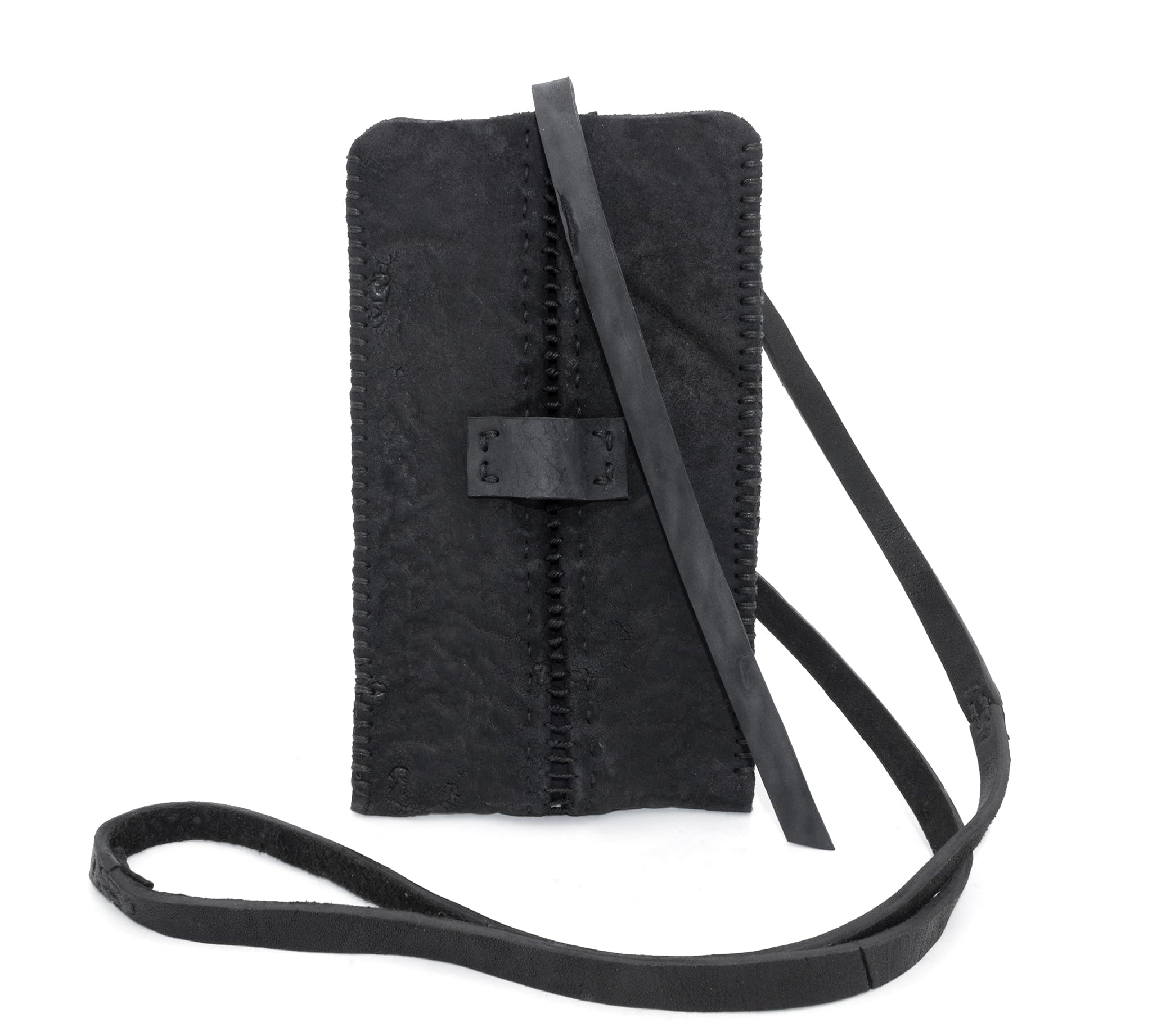 meticulously hand stitched, the washed reverse horse culatta leather phone case features a minimal silhouette with an open seam construction through the center and scar stitched sides. the bag features a distressed iron dye treatment, tonal linen stitching and a single card slot to the rear. the phone holder is available to buy online from avant garde designer atelierskn.com 