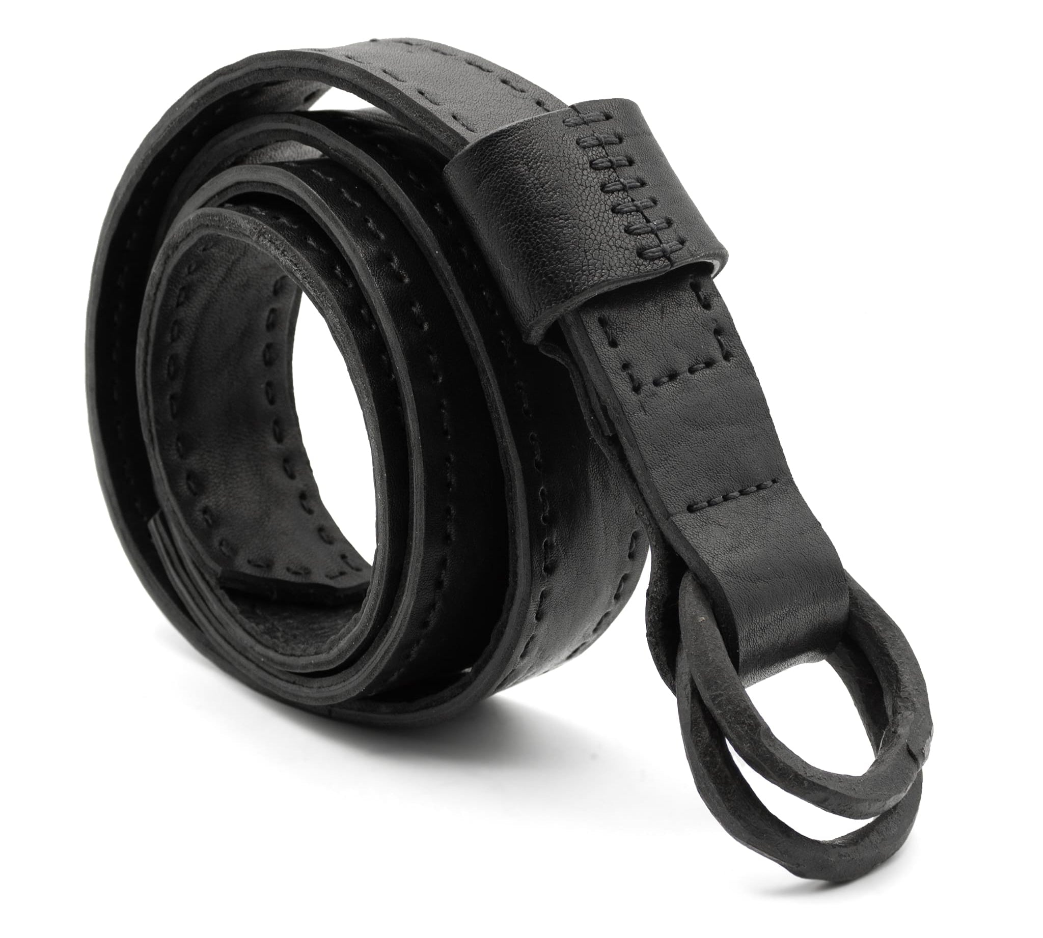 double layered matte black horse leather belt with hand forged black iron rings expertly hand sewn by independent UK based designer atelier SKN.