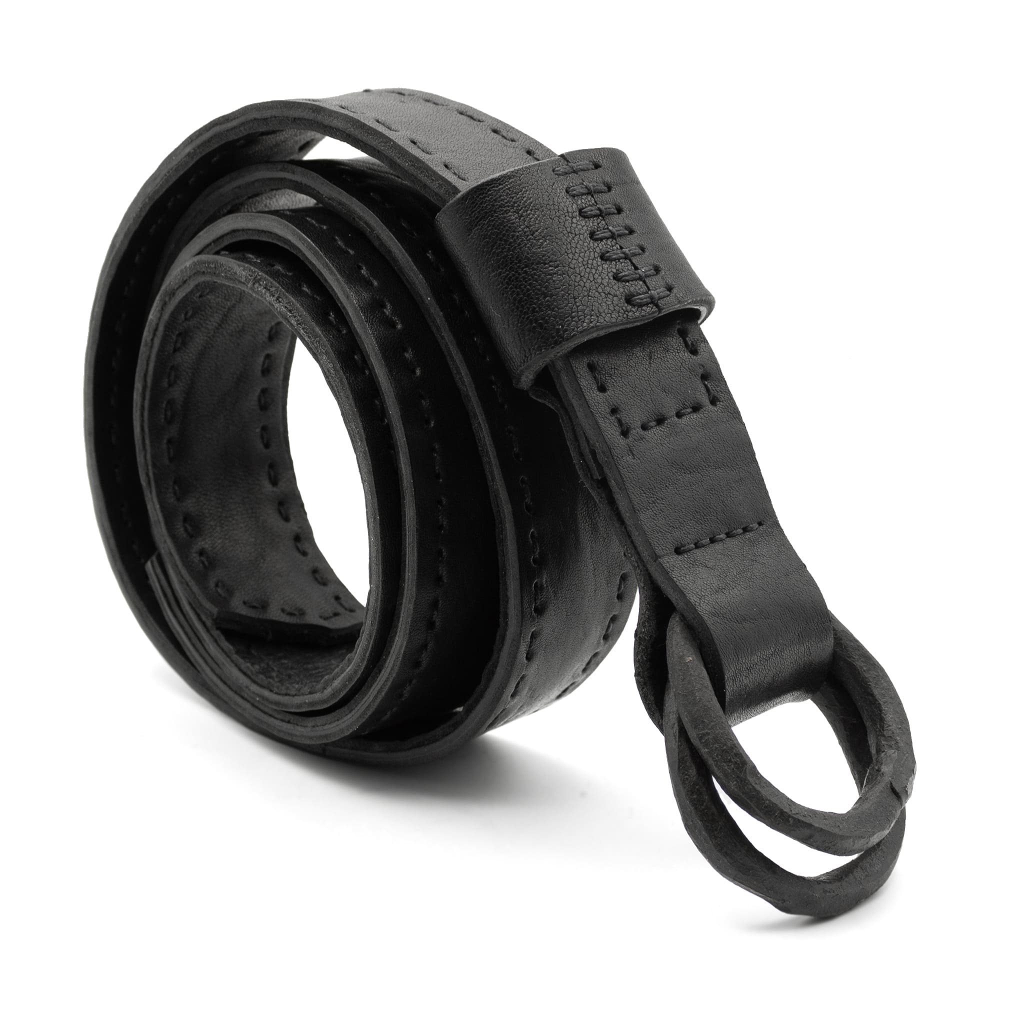double layered matte black horse leather belt with hand forged black iron rings expertly hand sewn by independent UK based designer atelier SKN.