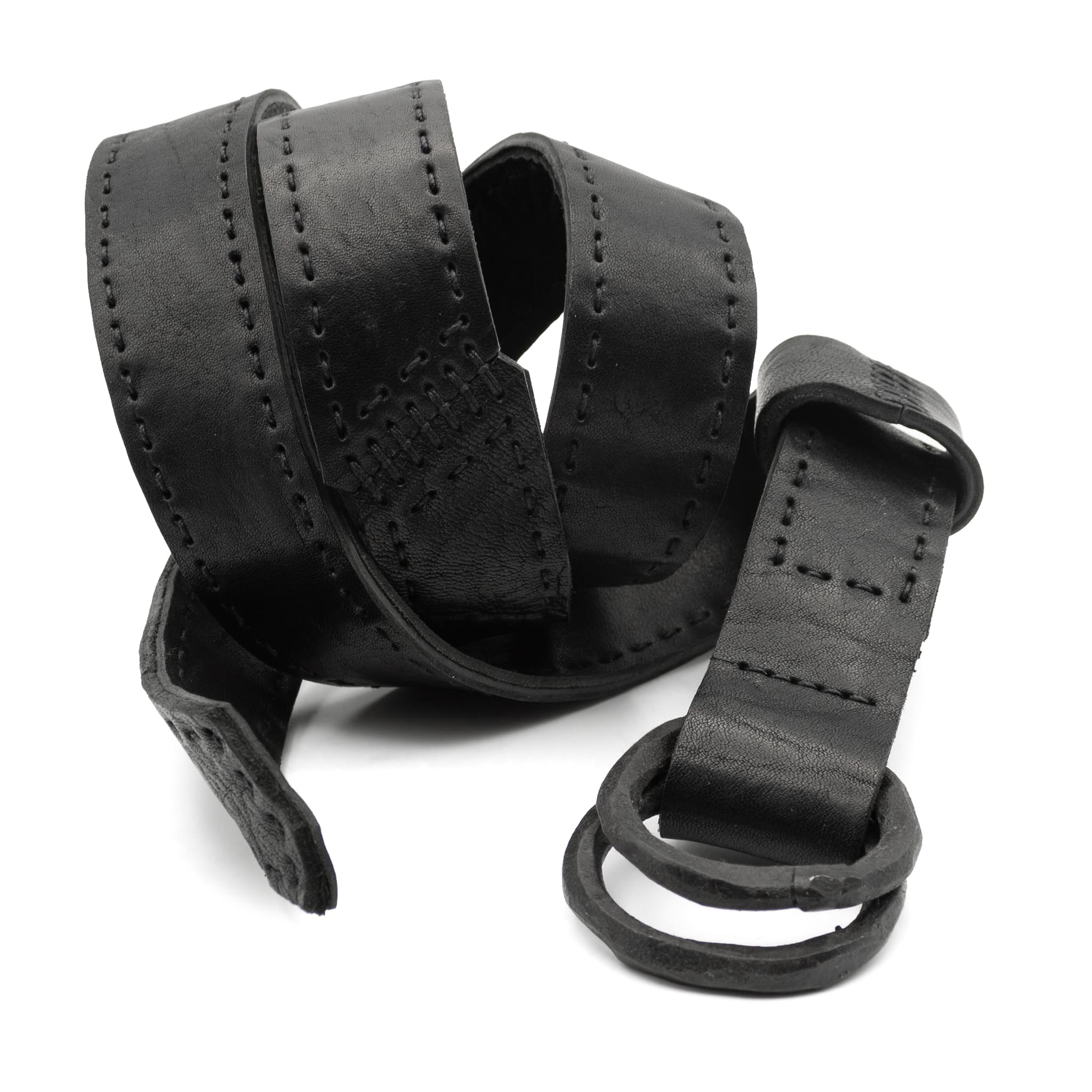 double layered matte black horse leather belt with hand forged black iron rings expertly hand sewn by independent UK based designer atelier SKN.