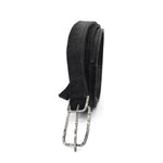 a double layered object dyed matte black full grain reverse horse culatta leather belt with a hand forged oxidised .925 sterling silver buckle for men and women. expertly hand sewn by independent UK based artisanal designer atelier SKN.