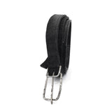 a double layered object dyed matte black full grain reverse horse culatta leather belt with a hand forged oxidised .925 sterling silver buckle for men and women. expertly hand sewn by independent UK based artisanal designer atelier SKN.