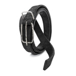 a double layered object dyed matte black full grain reverse horse culatta leather belt with a hand forged oxidised .925 sterling silver buckle for men and women. expertly hand sewn by independent UK based artisanal designer atelier SKN.