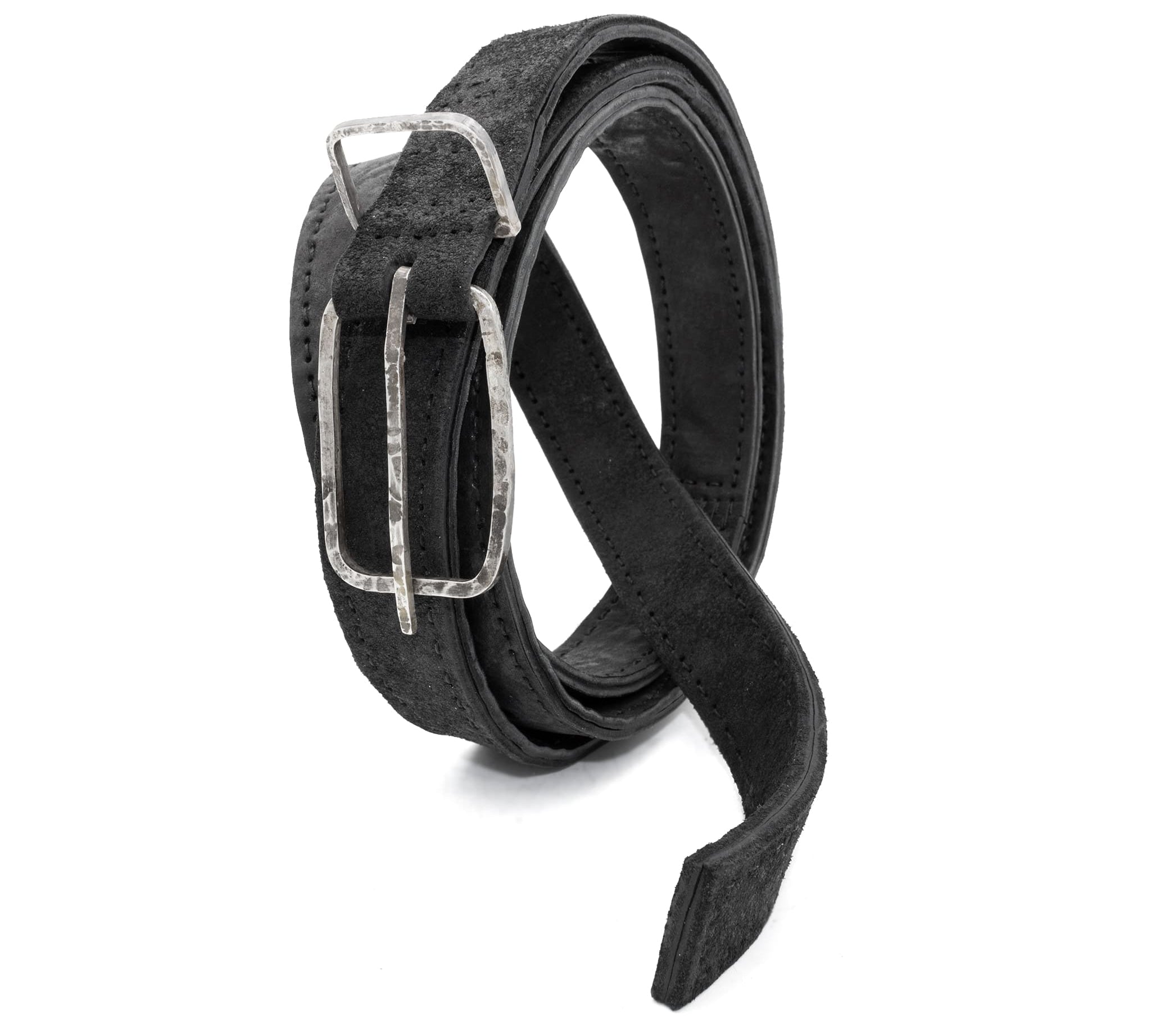 a double layered object dyed matte black full grain reverse horse culatta leather belt with a hand forged oxidised .925 sterling silver buckle for men and women. expertly hand sewn by independent UK based artisanal designer atelier SKN.