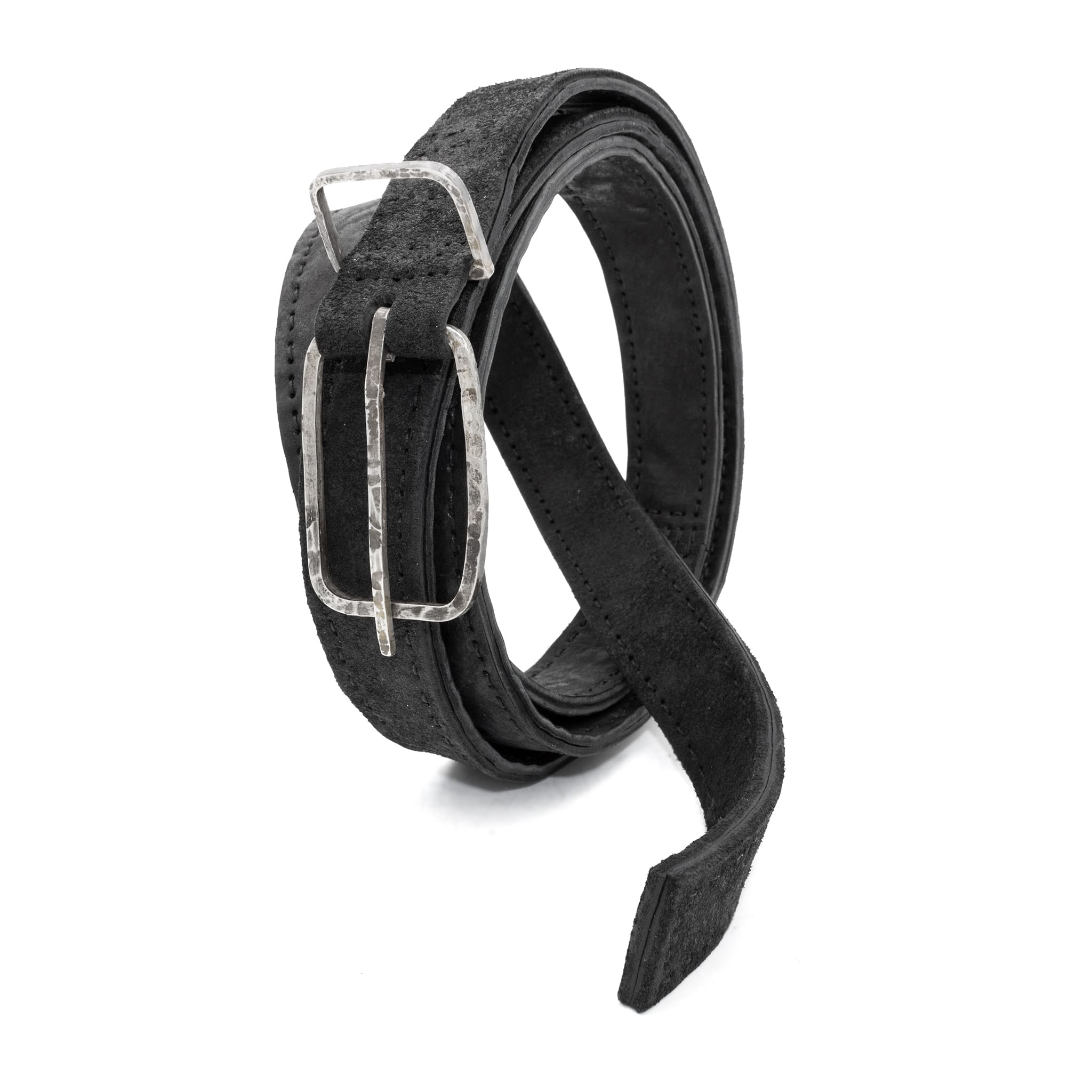 a double layered object dyed matte black full grain reverse horse culatta leather belt with a hand forged oxidised .925 sterling silver buckle for men and women. expertly hand sewn by independent UK based artisanal designer atelier SKN.