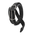 a double layered object dyed matte black full grain reverse horse culatta leather belt with a hand forged oxidised .925 sterling silver buckle for men and women. expertly hand sewn by independent UK based artisanal designer atelier SKN.
