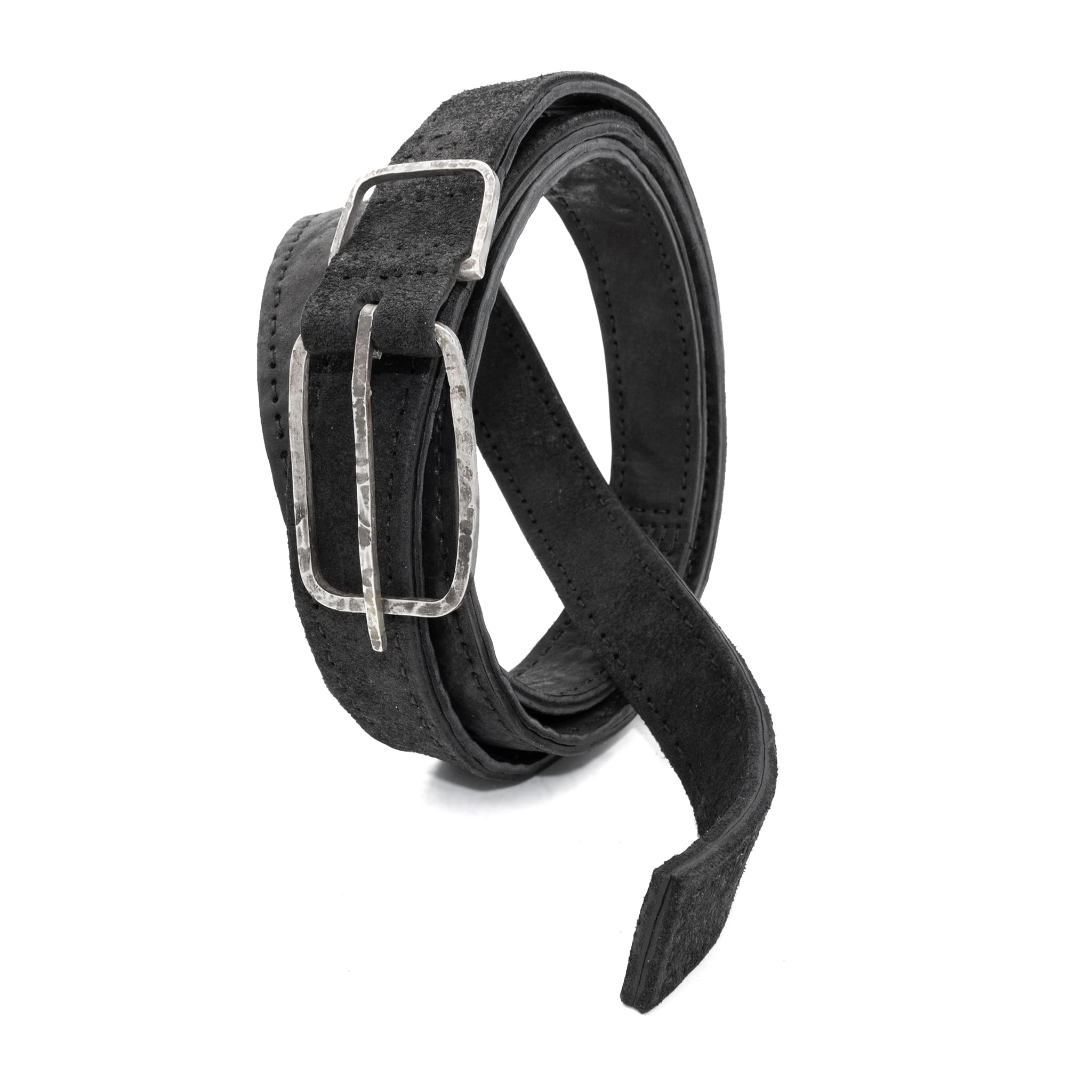 a double layered object dyed matte black full grain reverse horse culatta leather belt with a hand forged oxidised .925 sterling silver buckle for men and women. expertly hand sewn by independent UK based artisanal designer atelier SKN.