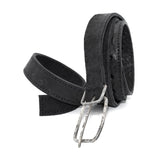 a double layered object dyed matte black full grain reverse horse culatta leather belt with a hand forged oxidised .925 sterling silver buckle for men and women. expertly hand sewn by independent UK based artisanal designer atelier SKN.